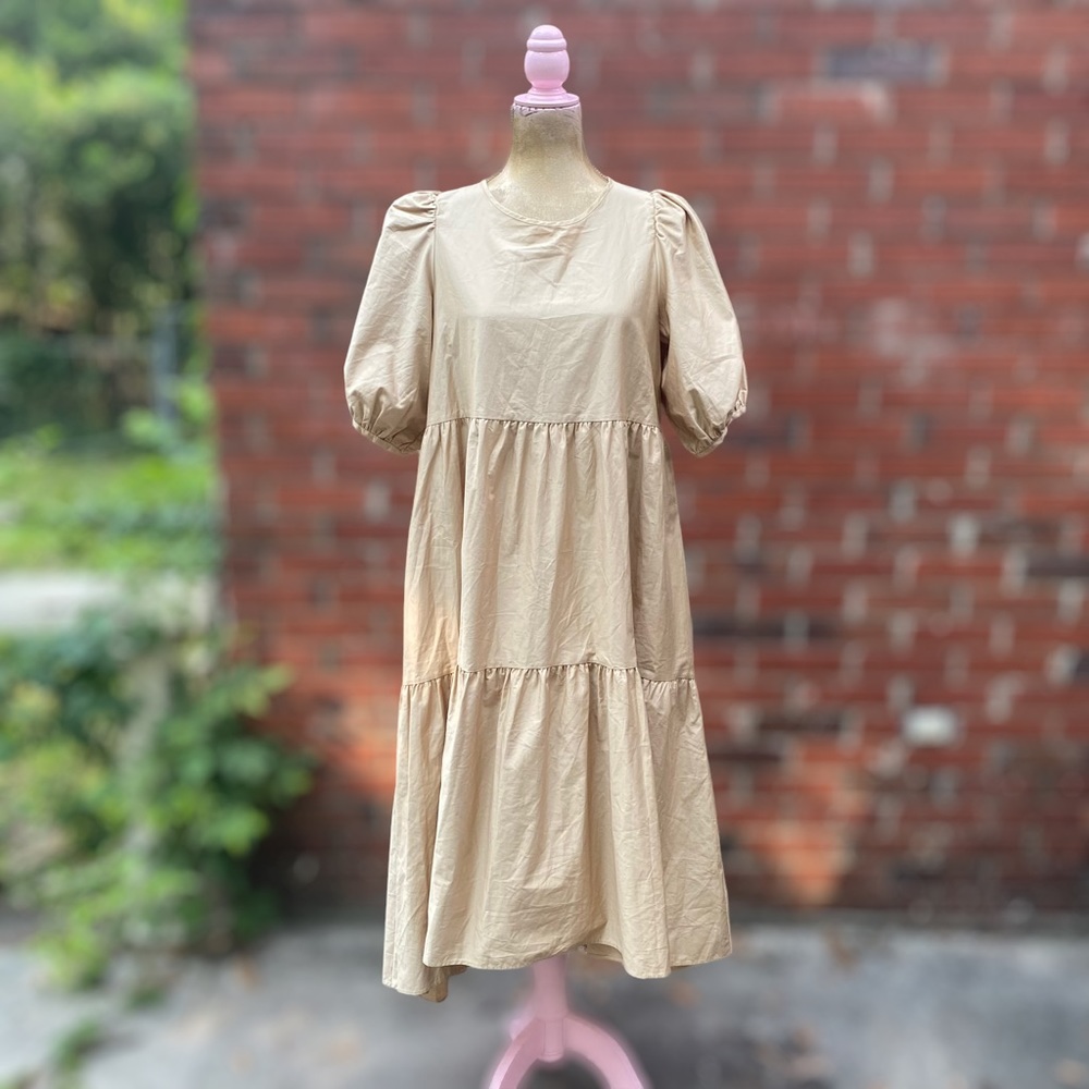Zara Khaki Tiered Dress with Puff Sleeves